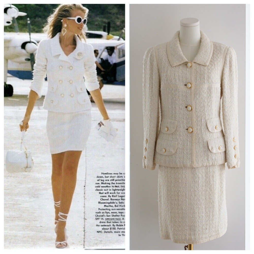 Chanel Vintage Cruise 1992 White Tweed Gold Camellia Flower Buttons Jacket Suit